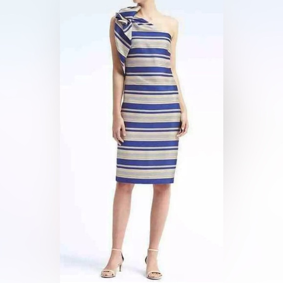 Banana Republic | New One Shoulder striped sheath dress w/Bow Women’s size 8 - Picture 11 of 11